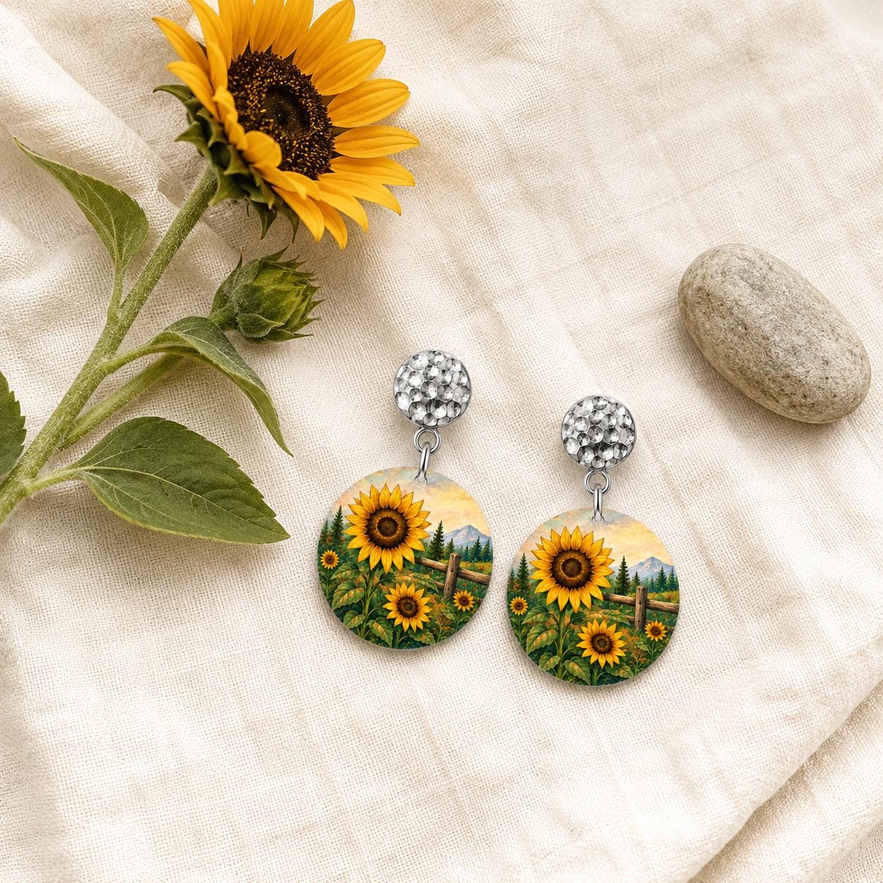 Sunflower Earrings, Nature Dangle Earrings, Sunflower Gift for Women, Floral Boho Jewelry, Mountain Wildflower Field, Handmade in Ohio