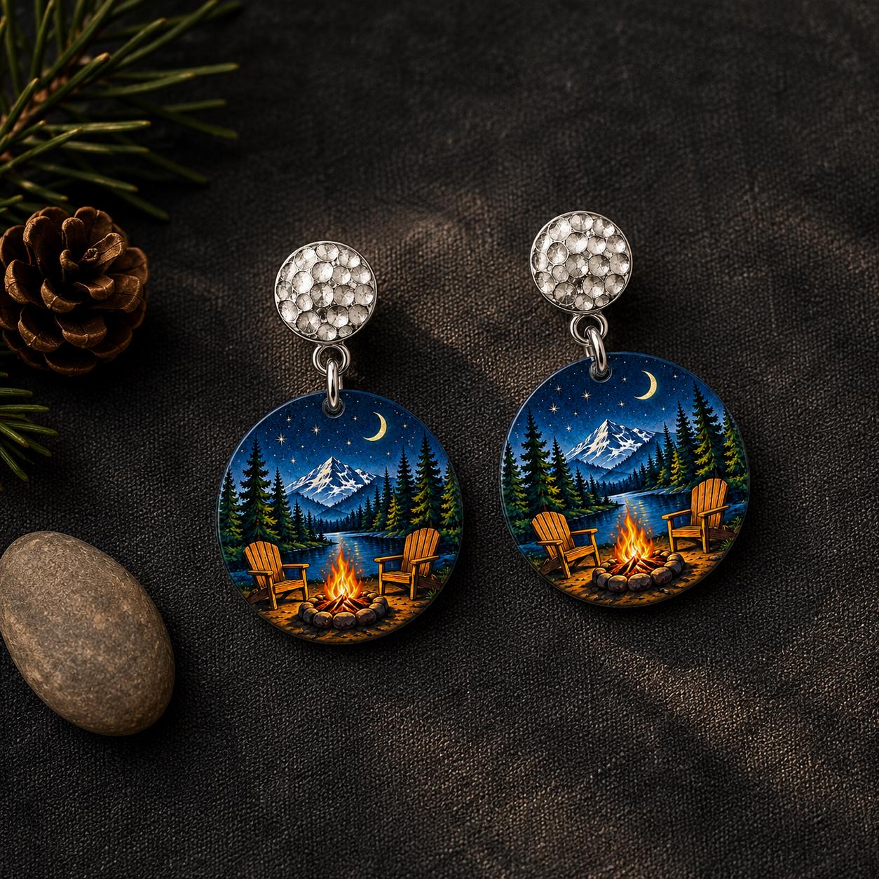 Camping Earrings, Campfire Night Sky Dangle Earrings, Nature Gift for Women, Cabin Lake Jewelry, Starry Mountain Scene, Handmade in Ohio