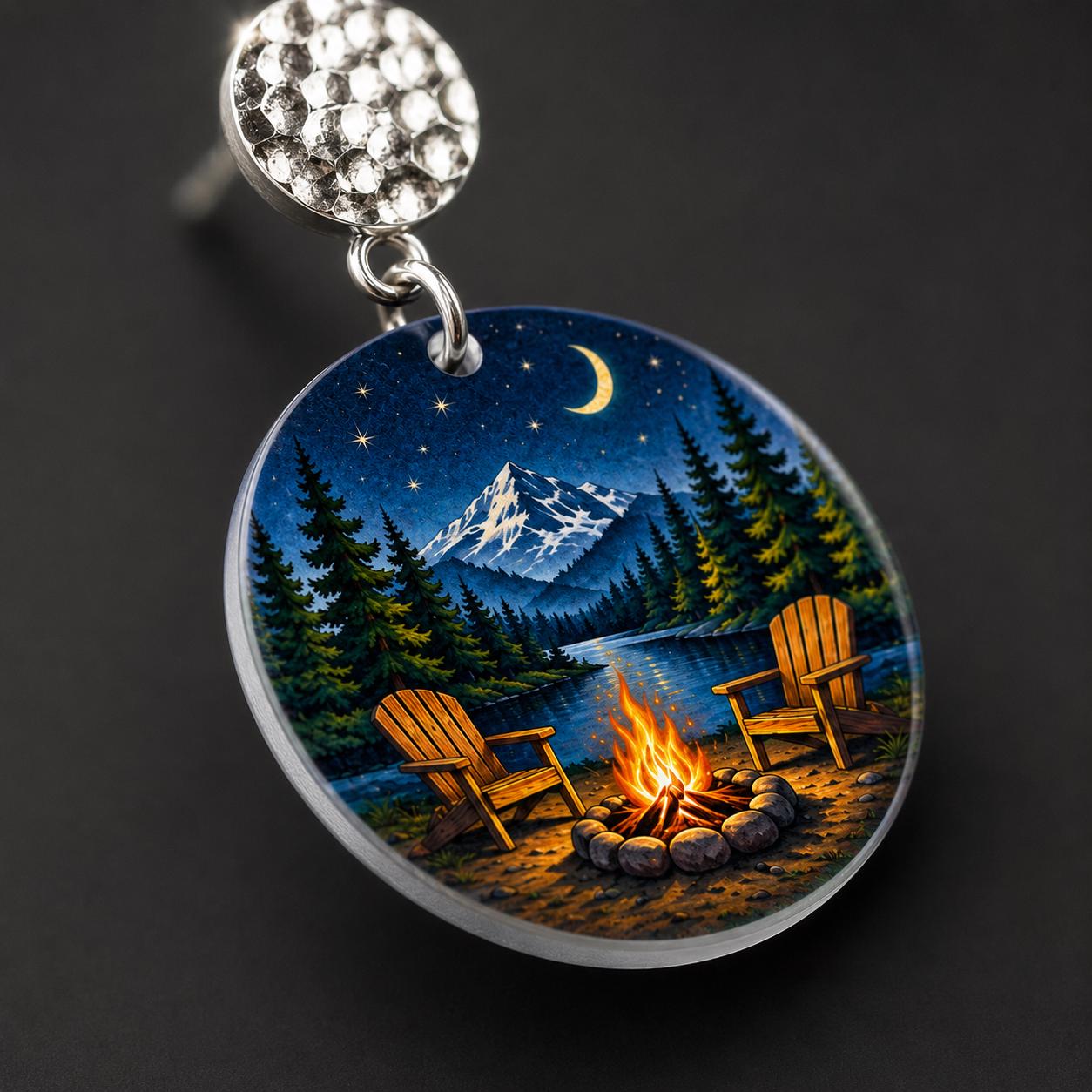 Camping Earrings, Campfire Night Sky Dangle Earrings, Nature Gift for Women, Cabin Lake Jewelry, Starry Mountain Scene, Handmade in Ohio