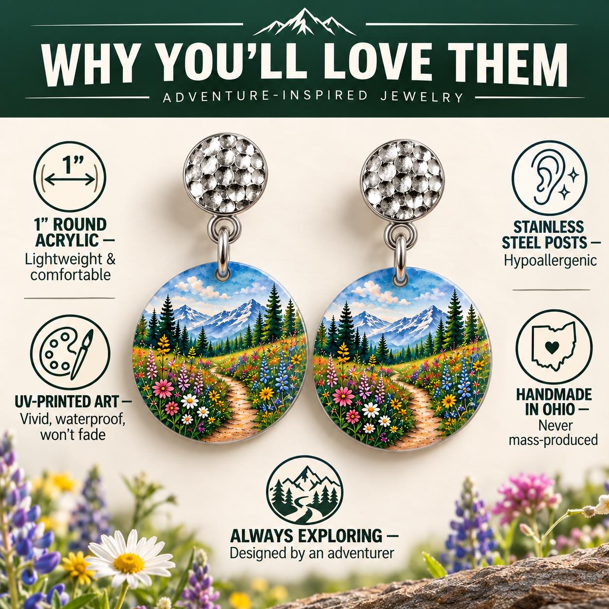 Wildflower Earrings, Mountain Meadow Dangle Earrings, Hiking Gift for Women, Nature Lover Jewelry, Floral Trail Scene, Handmade in Ohio