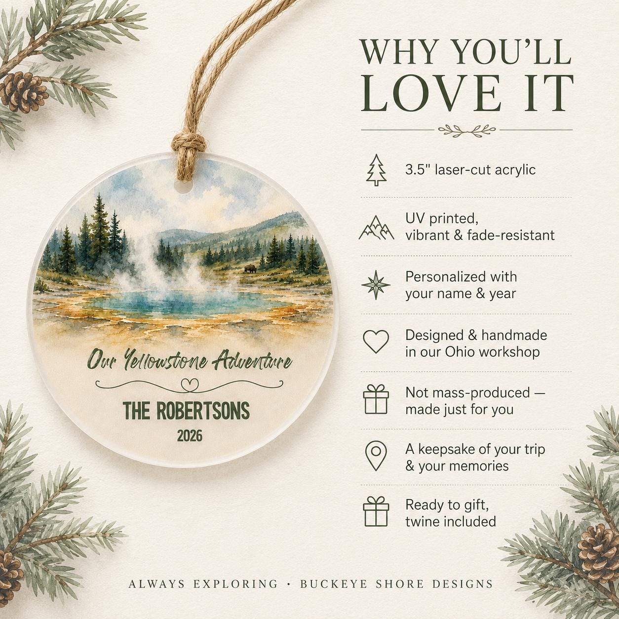 Yellowstone National Park Ornament, Personalized Christmas Ornament, National Park Gift, Hiking Gift, Custom Family Adventure Keepsake 2026