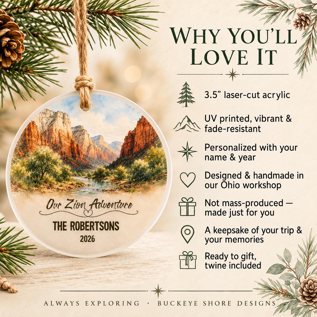 Zion National Park Ornament, Personalized Christmas Ornament, National Park Gift, Hiking Gift, Custom Family Adventure Keepsake 2026