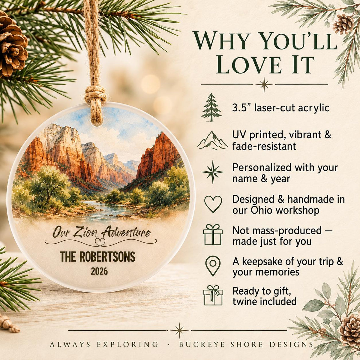 Zion National Park Ornament, Personalized Christmas Ornament, National Park Gift, Hiking Gift, Custom Family Adventure Keepsake 2026