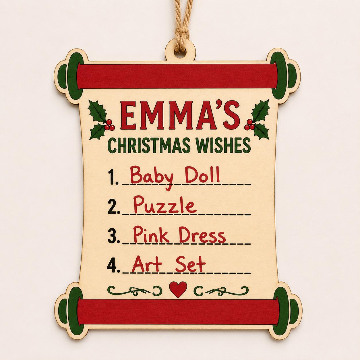 Personalized Christmas Wish List Ornament, Kids Santa Letter Ornament, Name Wood Ornament, Dear Santa Scroll, Painted Wooden Christmas Gift