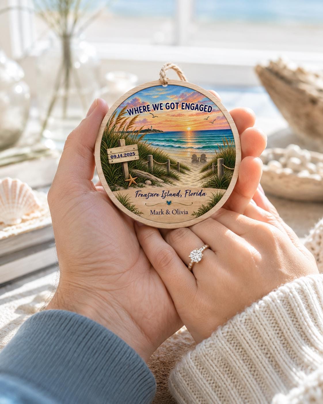 Where We Got Engaged Ornament, Personalized Proposal Gift, Custom Names Wood Christmas Ornament, Beach Engagement Keepsake
