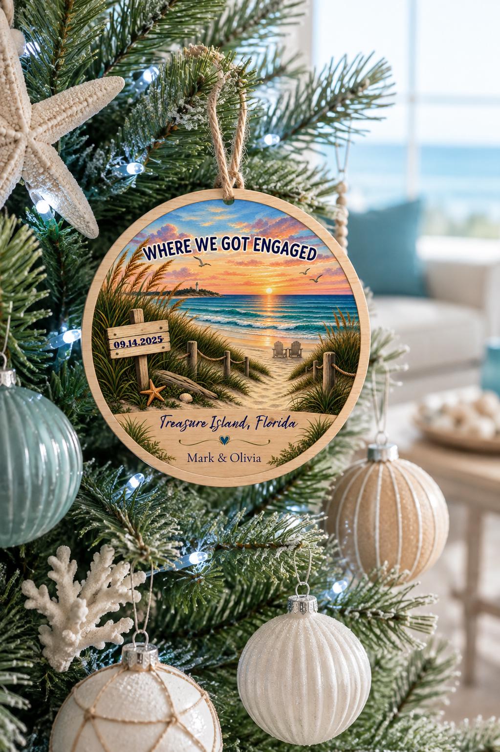 Where We Got Engaged Ornament, Personalized Proposal Gift, Custom Names Wood Christmas Ornament, Beach Engagement Keepsake