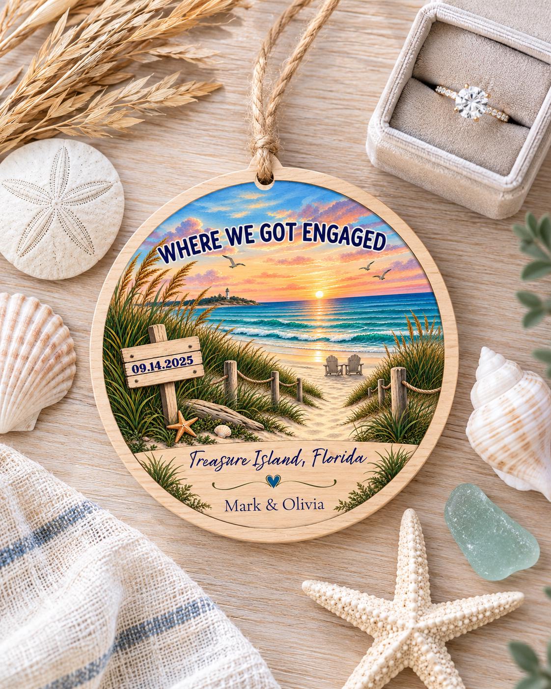 Where We Got Engaged Ornament, Personalized Proposal Gift, Custom Names Wood Christmas Ornament, Beach Engagement Keepsake