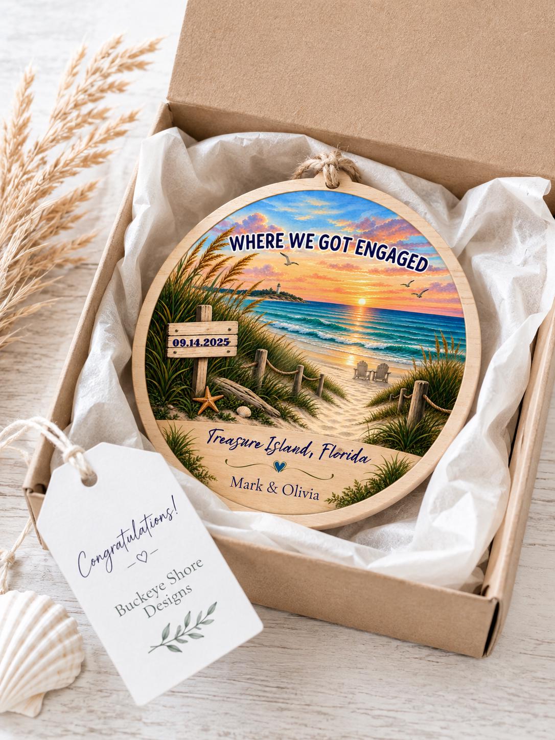 Where We Got Engaged Ornament, Personalized Proposal Gift, Custom Names Wood Christmas Ornament, Beach Engagement Keepsake