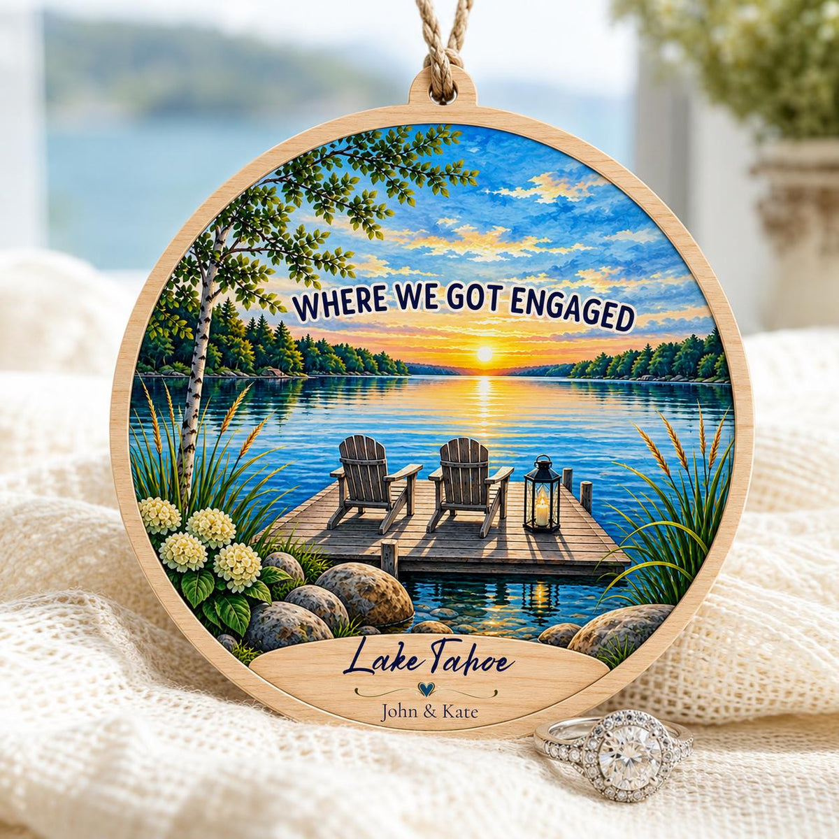 Where We Got Engaged Ornament, Personalized Proposal Gift, Custom Names Wood Christmas Ornament, Lake Engagement Keepsake