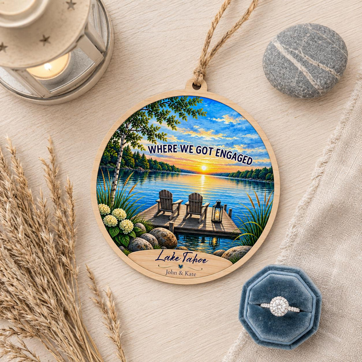 Where We Got Engaged Ornament, Personalized Proposal Gift, Custom Names Wood Christmas Ornament, Lake Engagement Keepsake