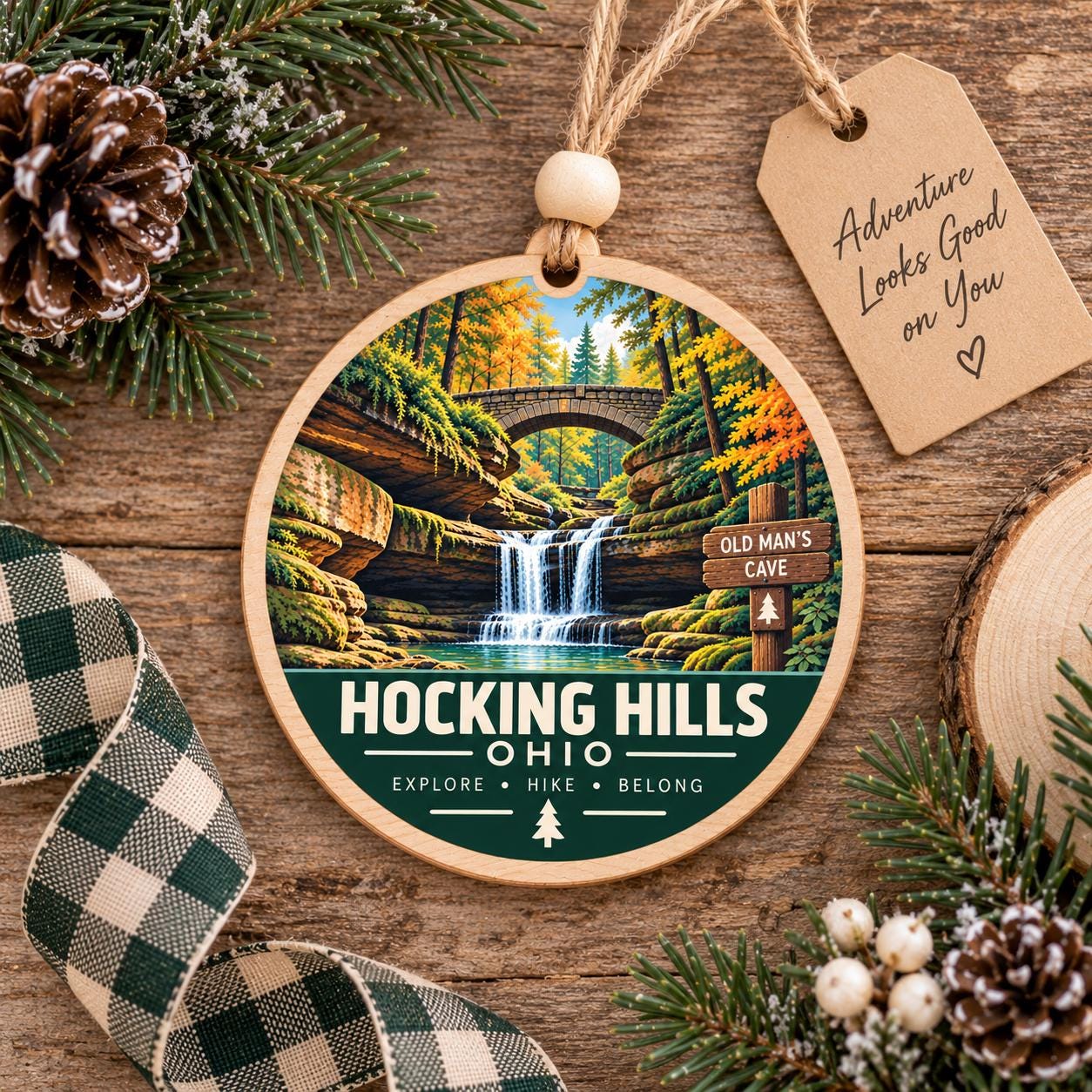 Hocking Hills Ohio Ornament | Old Man's Cave Wood Ornament | Hiker Gift | Waterfall Christmas Ornament | Ohio State Park Gift