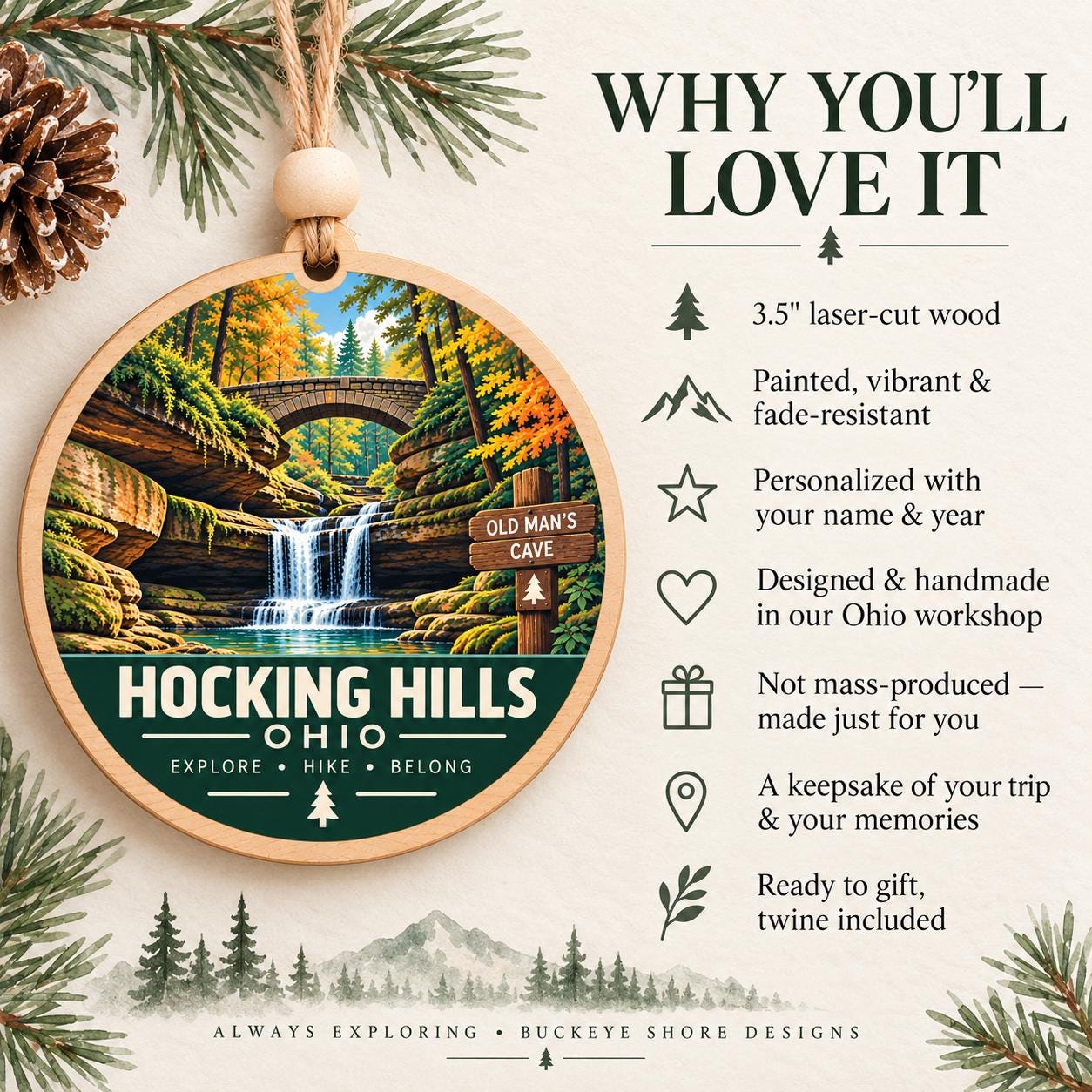 Hocking Hills Ohio Ornament | Old Man's Cave Wood Ornament | Hiker Gift | Waterfall Christmas Ornament | Ohio State Park Gift