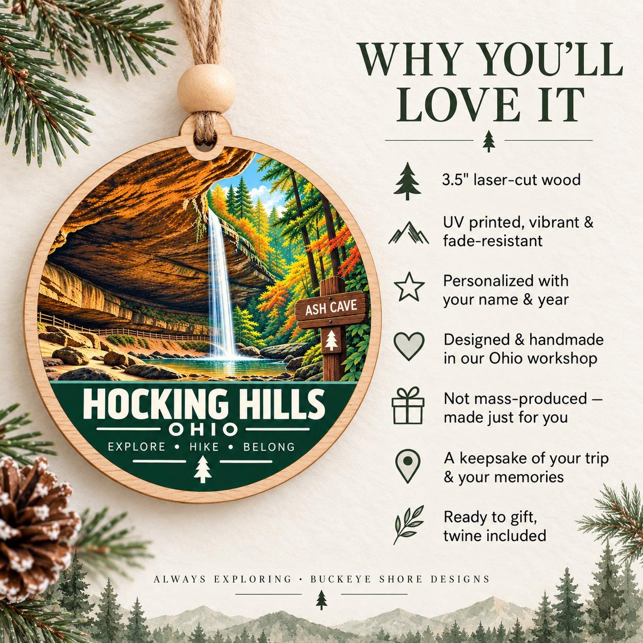 Hocking Hills Ohio Ornament | Ash Cave Wood Ornament | Hiker Gift | Waterfall Christmas Ornament | Ohio State Park Gift