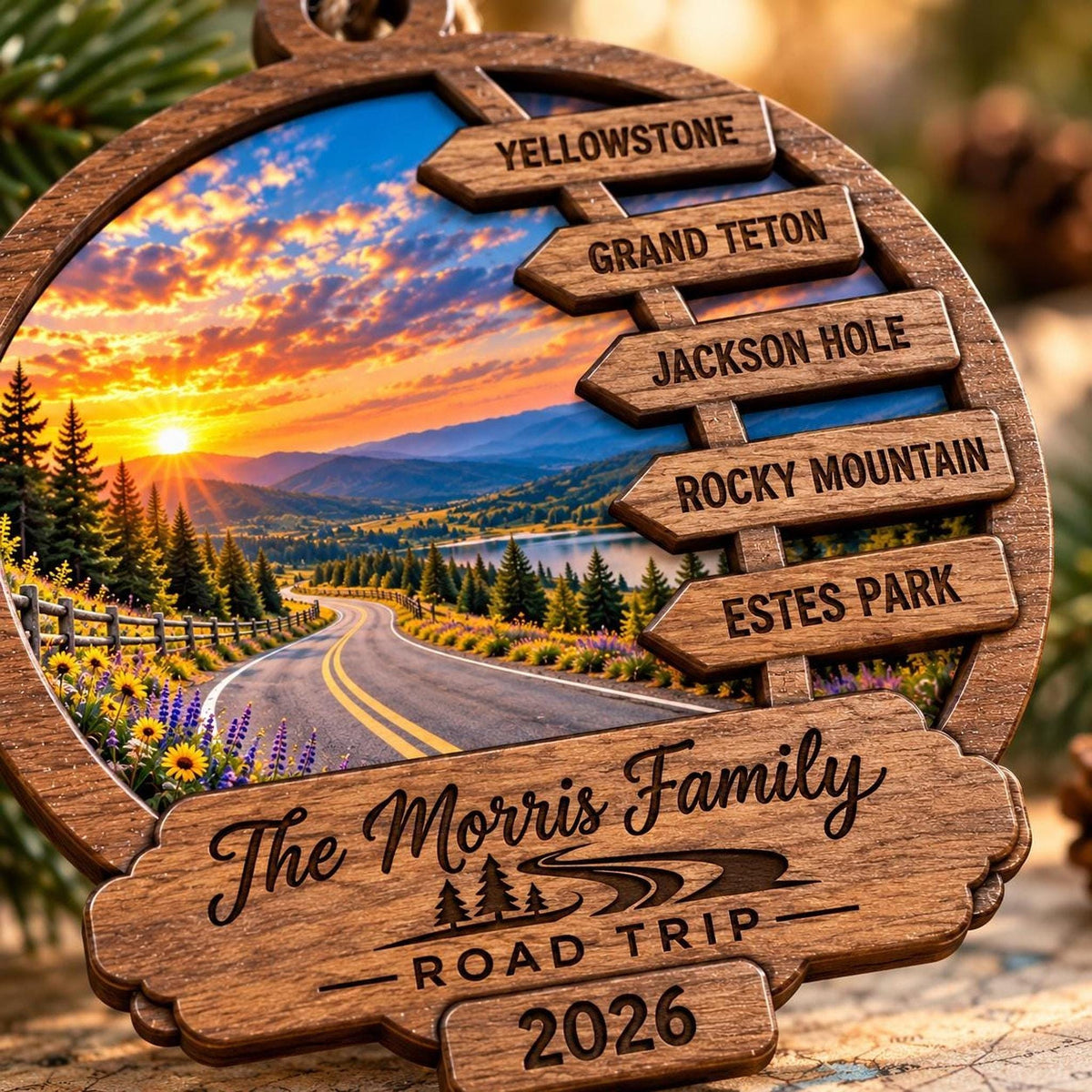 A close-up view of the wooden road trip ornament, highlighting the laser-cut layered design and engraved text reading The Morris Family Road Trip 2026.