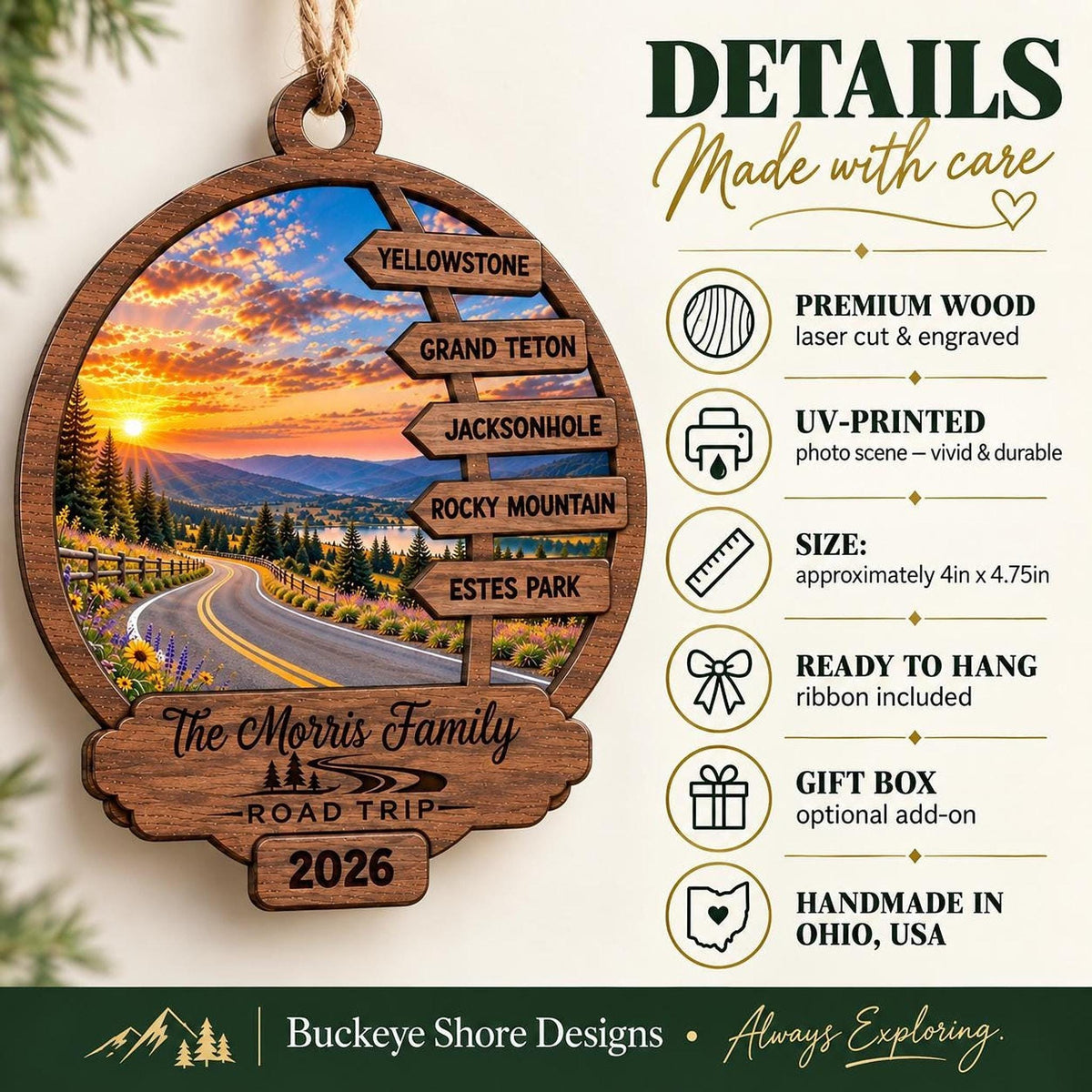 An informational product details graphic lists specifications for the wooden ornament, including premium wood, UV-printing, size, and handmade in Ohio.