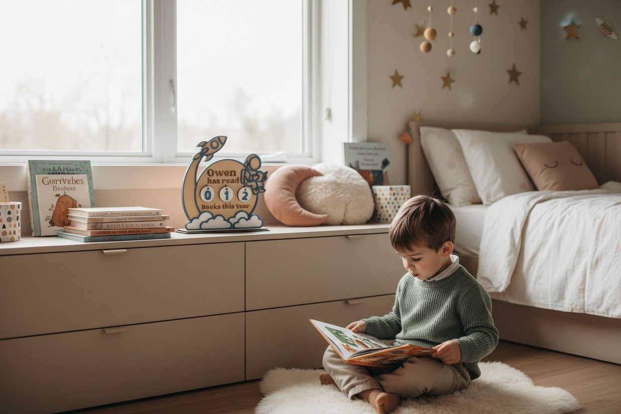 Personalized Astronaut Reading Tracker for Kids – Wooden Space Book Goal Chart
