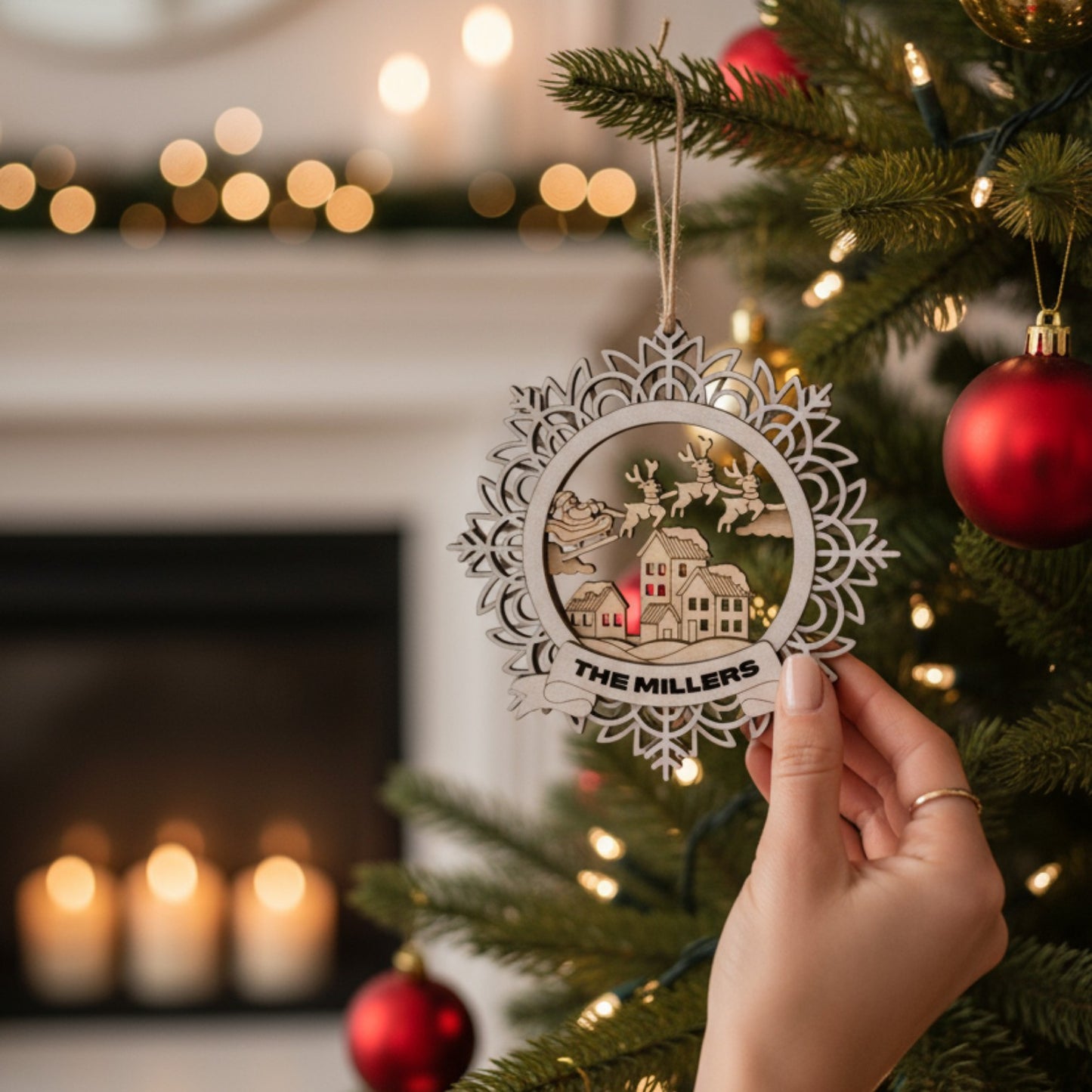 Personalized Santa Sleigh Snowflake Ornament – Custom Engraved Wooden Christmas Ornament