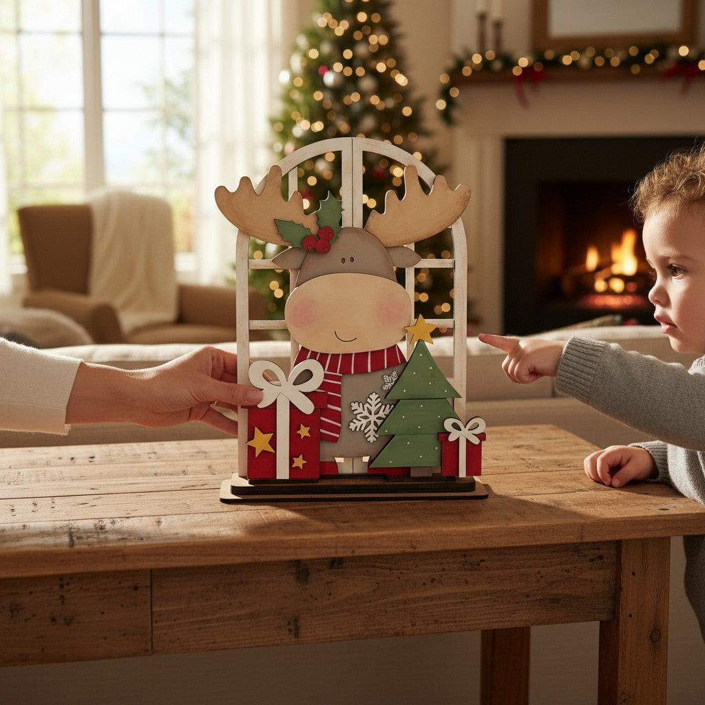 Handmade Rustic Moose Mantle Décor – Wooden Laser Cut & Hand Painted Christmas Shelf Sitter