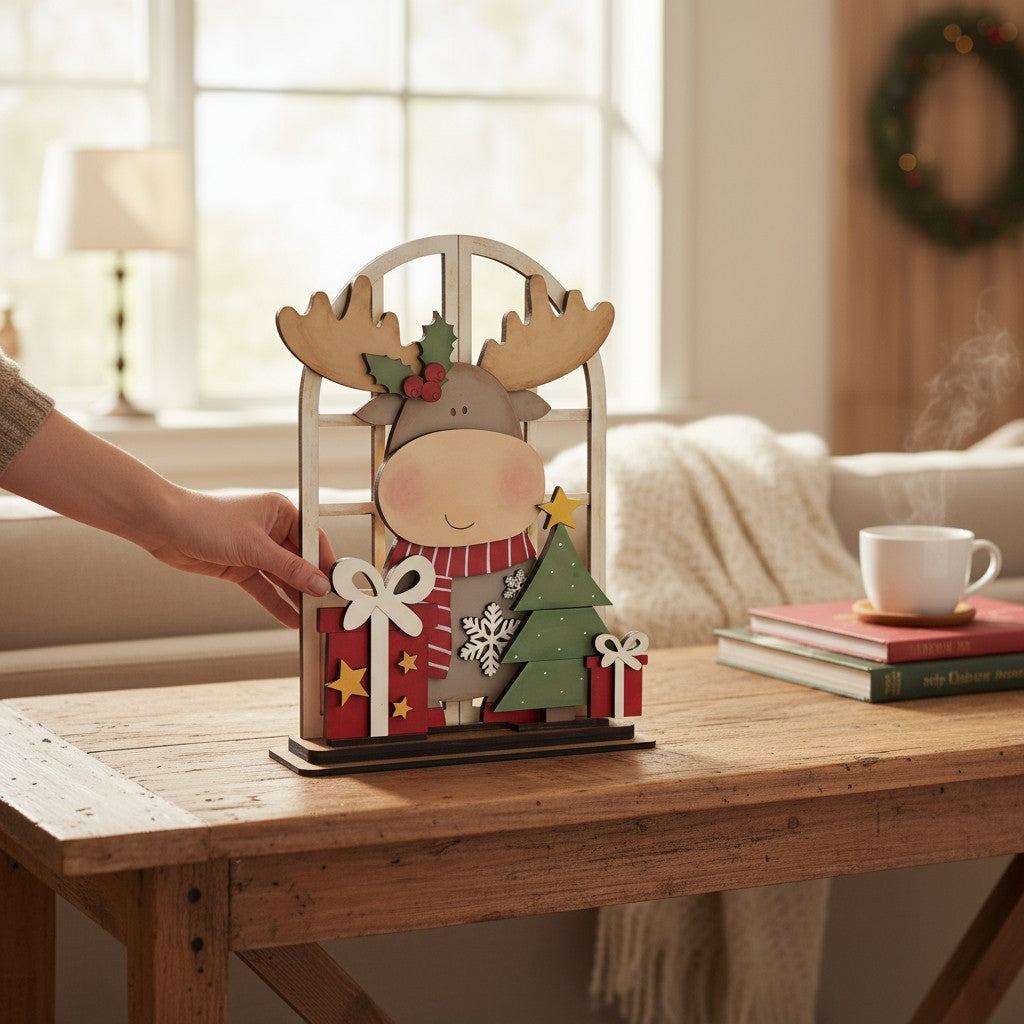 Handmade Rustic Moose Mantle Décor – Wooden Laser Cut & Hand Painted Christmas Shelf Sitter