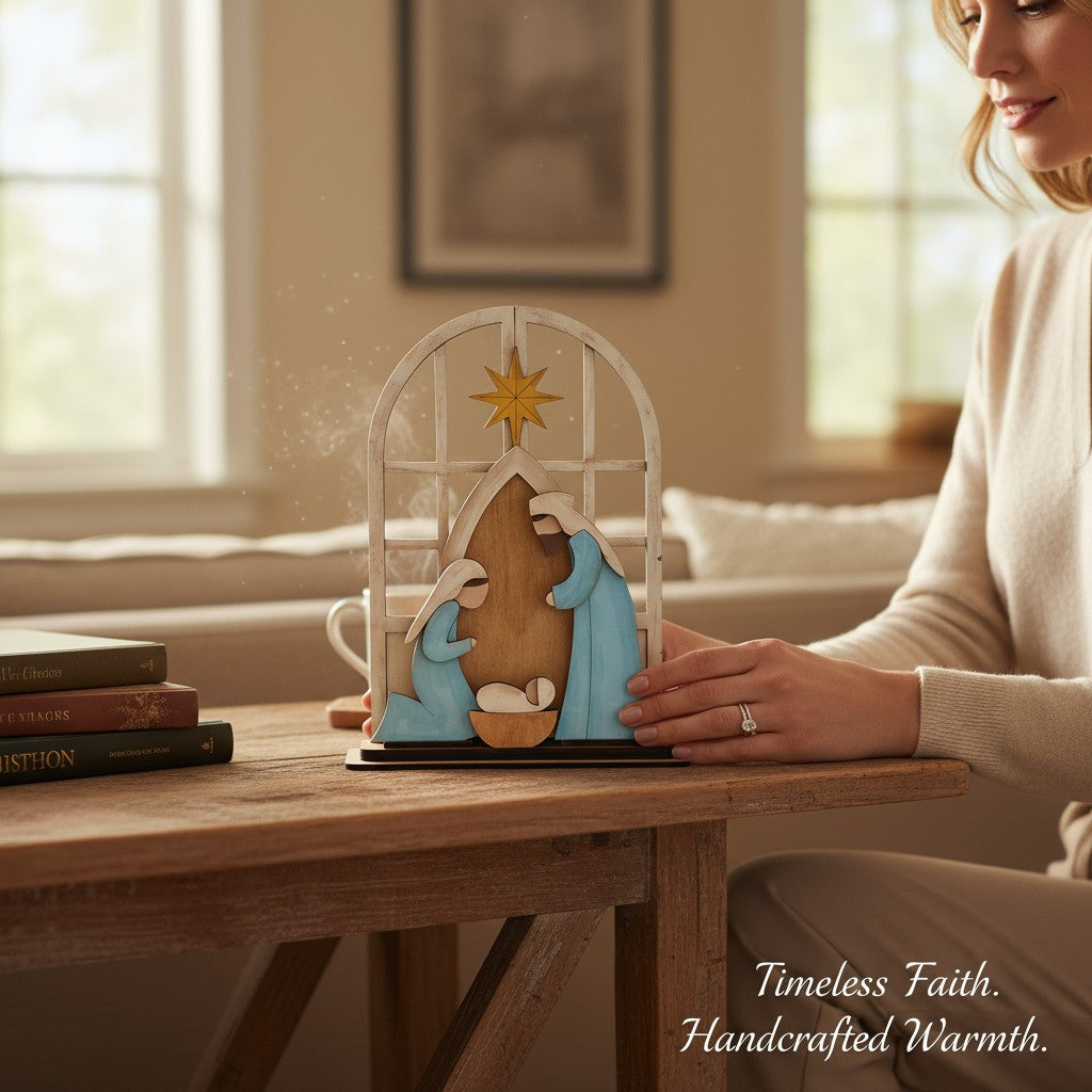 Wooden Nativity Shelf Sitter – Arched Frame,  Hand-Painted Christmas Mantle Décor