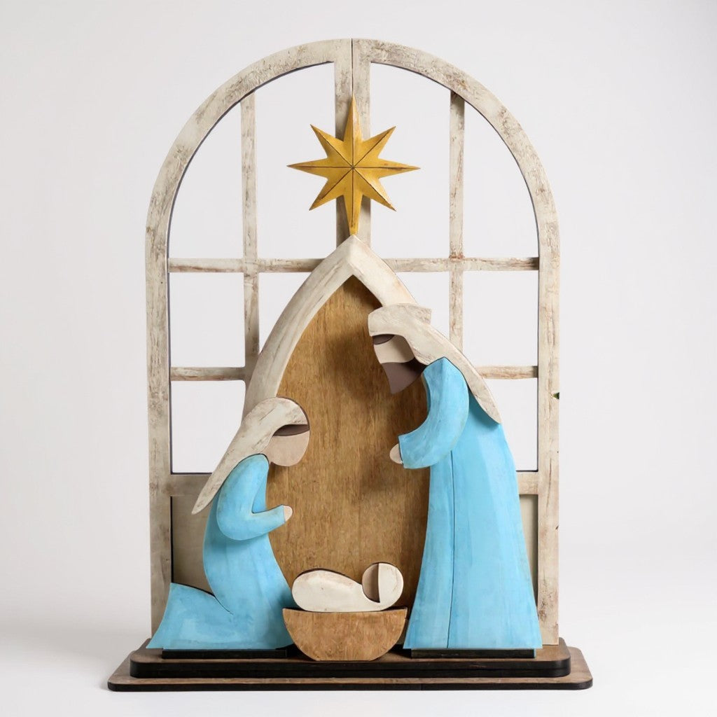 Wooden Nativity Shelf Sitter – Arched Frame,  Hand-Painted Christmas Mantle Décor