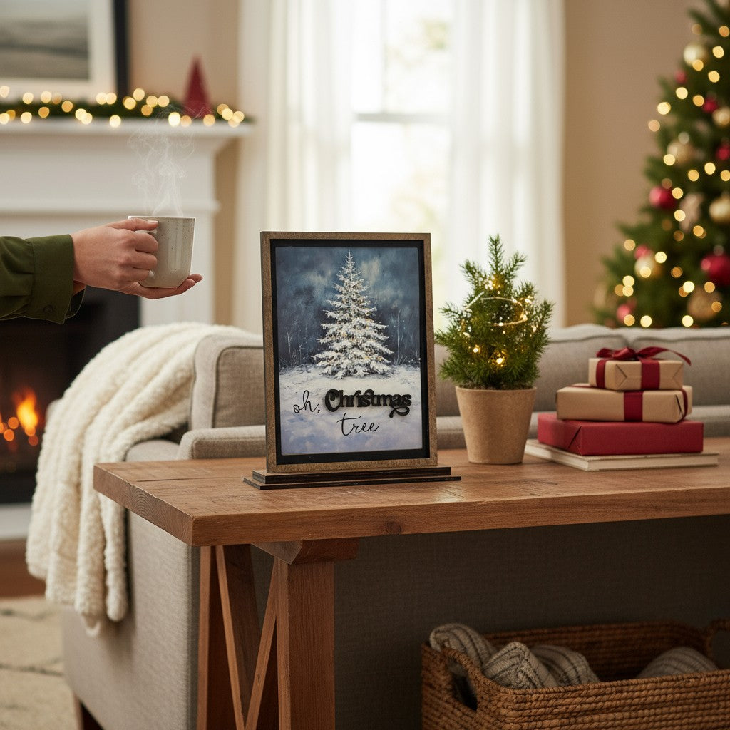 Wooden O Christmas Tree Mantle Décor – Arched or Square Frame, Shelf Sitter
