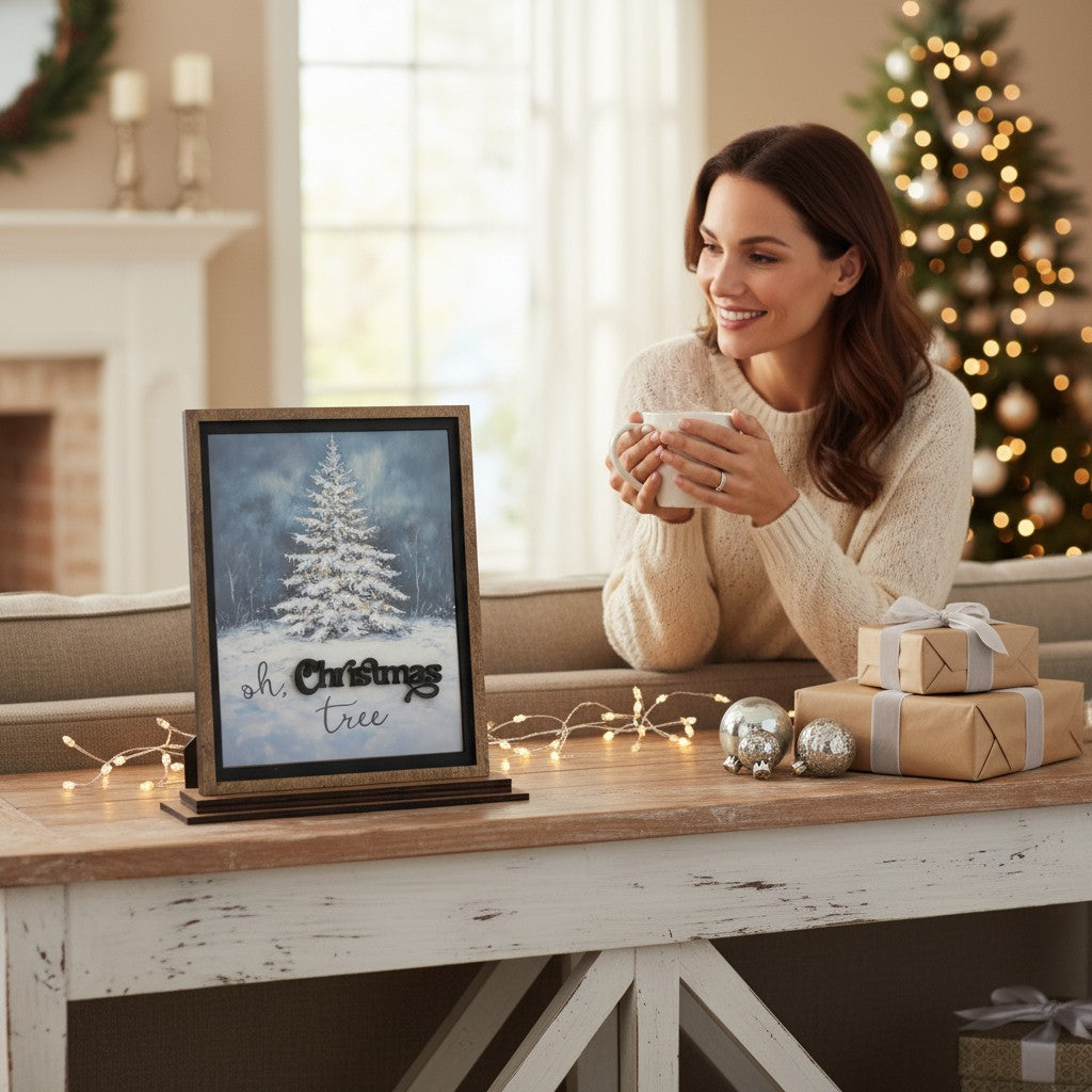 Wooden O Christmas Tree Mantle Décor – Arched or Square Frame, Shelf Sitter