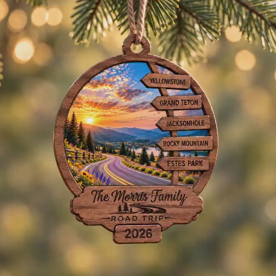 Road Trip Ornament, Personalized Layered Wood Keepsake with Custom Destinations