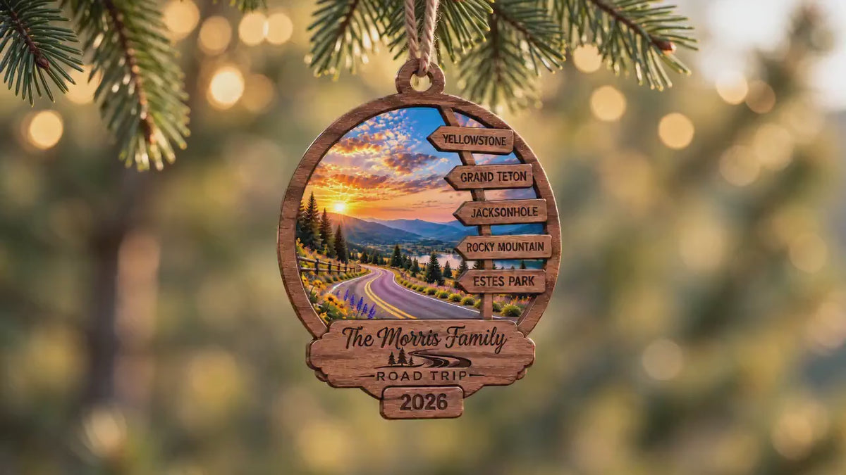 Road Trip Ornament, Personalized Layered Wood Keepsake with Custom Destinations