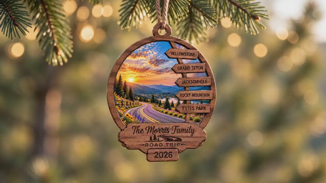 Road Trip Ornament, Personalized Layered Wood Keepsake with Custom Destinations