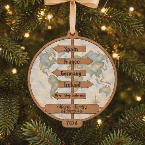 Personalized Travel Adventure Ornament, Custom Destination Signpost Keepsake, Family Travel Christmas Ornament, Traveler Gift, Wander Gift