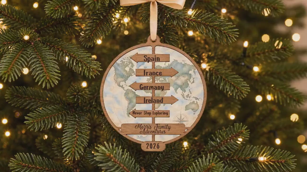 Personalized Travel Adventure Ornament, Custom Destination Signpost Keepsake, Family Travel Christmas Ornament, Traveler Gift, Wander Gift