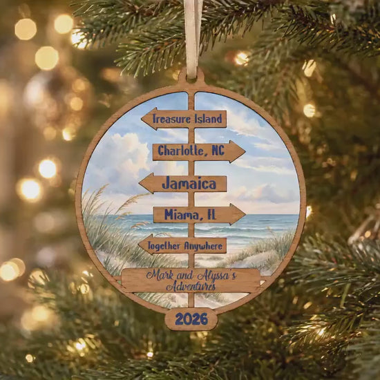 Personalized Beach Signpost Ornament, Coastal Vacation Keepsake, Beach Destination Christmas Ornament, Couple Travel Gift, Beach Lover