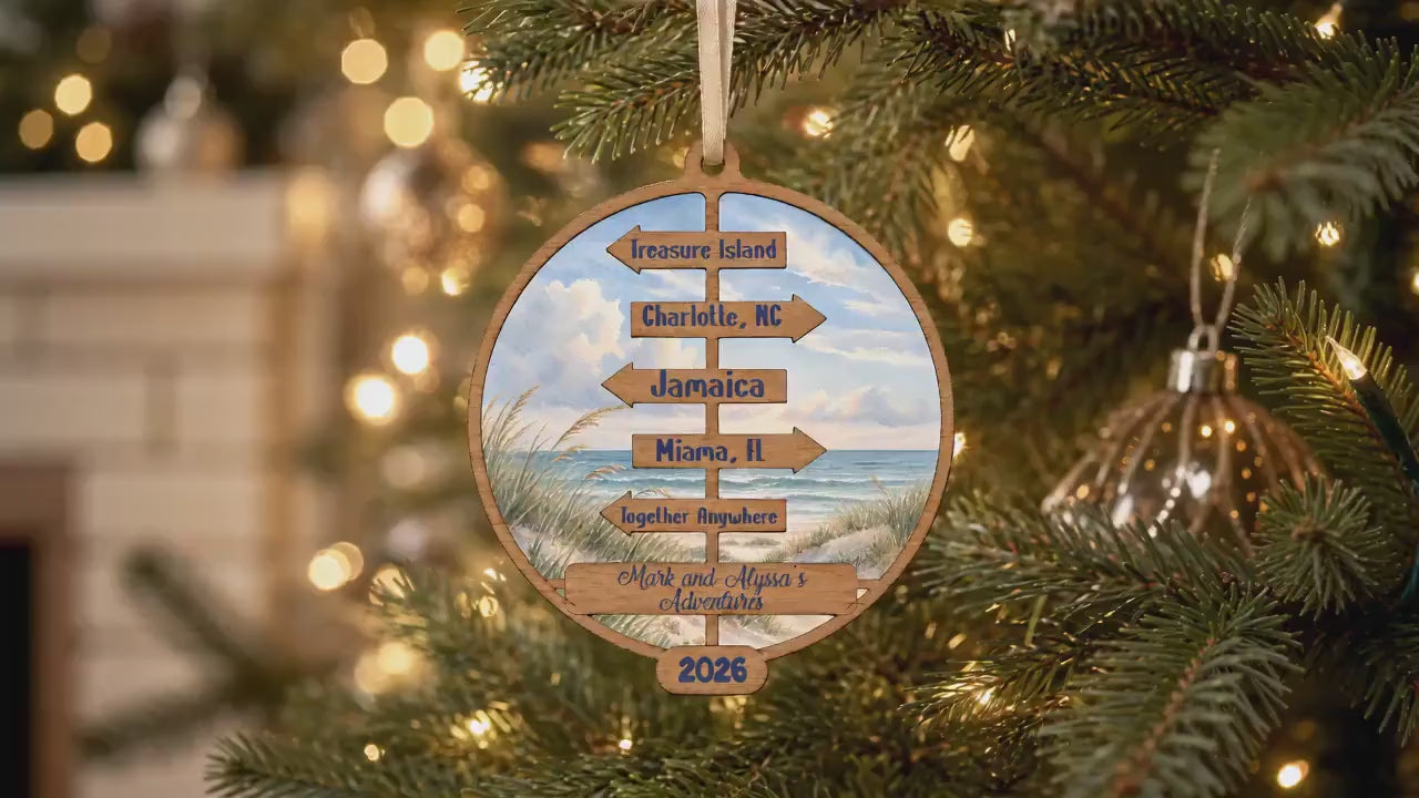 Personalized Beach Signpost Ornament, Coastal Vacation Keepsake, Beach Destination Christmas Ornament, Couple Travel Gift, Beach Lover