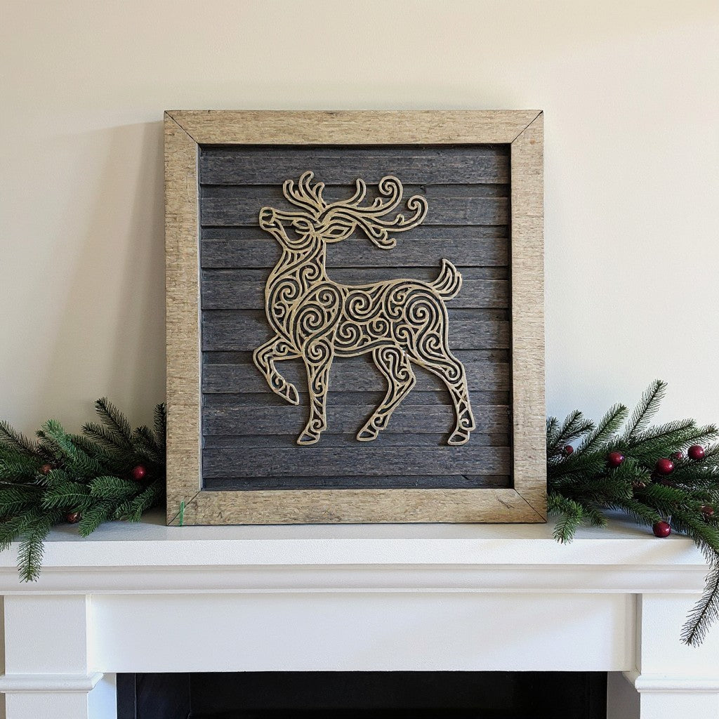 Reindeer Line Art Wood Christmas Decor – Handmade Laser Cut Holiday Wall Art or Mantle Display, Multiple Sizes