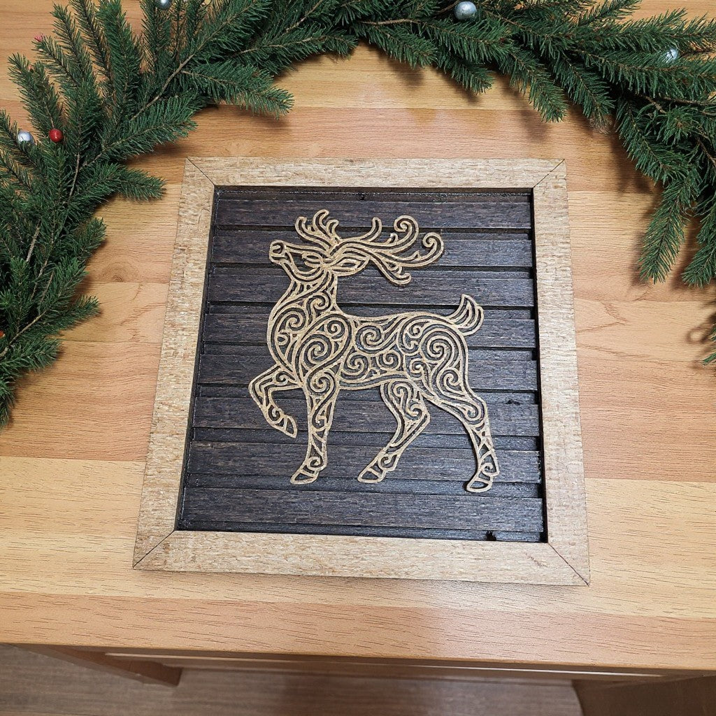 Reindeer Line Art Wood Christmas Decor – Handmade Laser Cut Holiday Wall Art or Mantle Display, Multiple Sizes