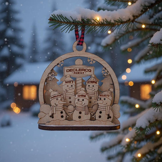 Personalized 3D Family Snowman Ornament – Handmade Wooden Engraved Keepsake, Gift-Boxed