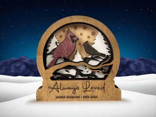 Memorial Christmas Snow Globe – 4.75" Personalized Wooden Engraved Keepsake (Name, Dates, Short Message)
