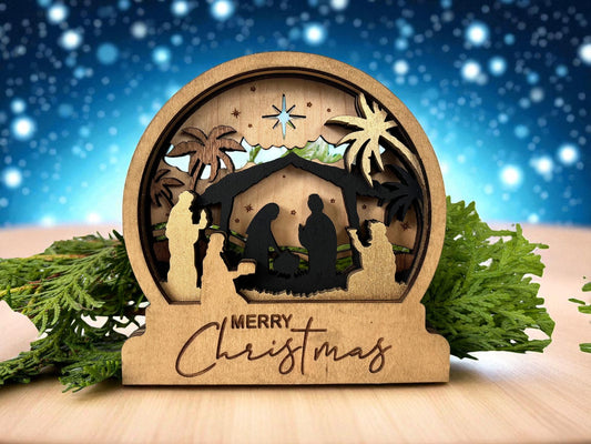 Personalized Wooden Nativity Snow Globe – 4.75" Engraved Christmas Shelf Decor, Nativity Scene
