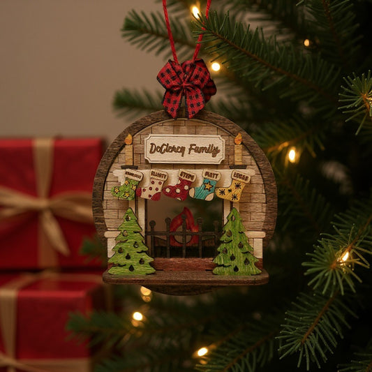 Personalized Family Fireplace Ornament – 3D Wooden Christmas Scene with Custom Names on Stockings & Family Name Engraved