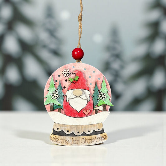 Light-Up Gnome Snow Globe Ornament – Handmade Wooden Christmas Decoration with Timer Twinkle Lights