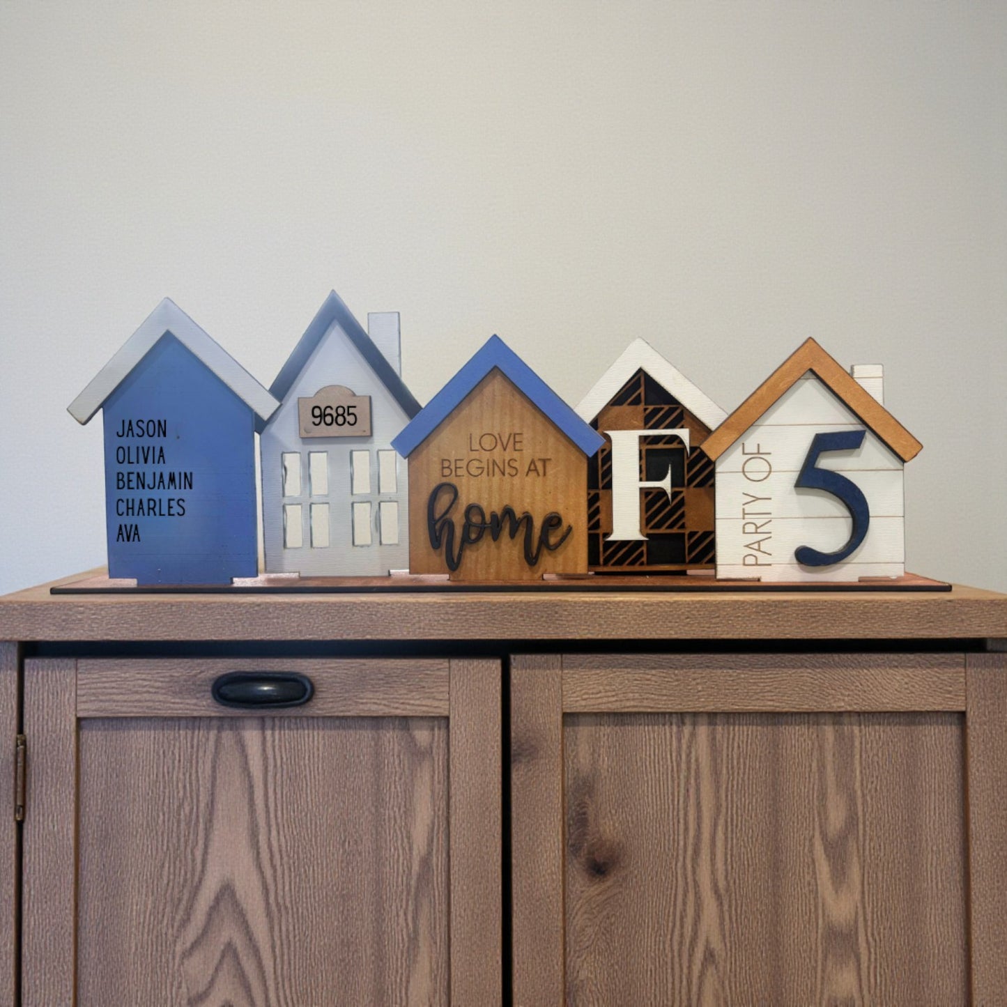 Personalized Family Home Standing House Sign – Hand painted Shelf Sitter with Names, Address, Party Of & Quote