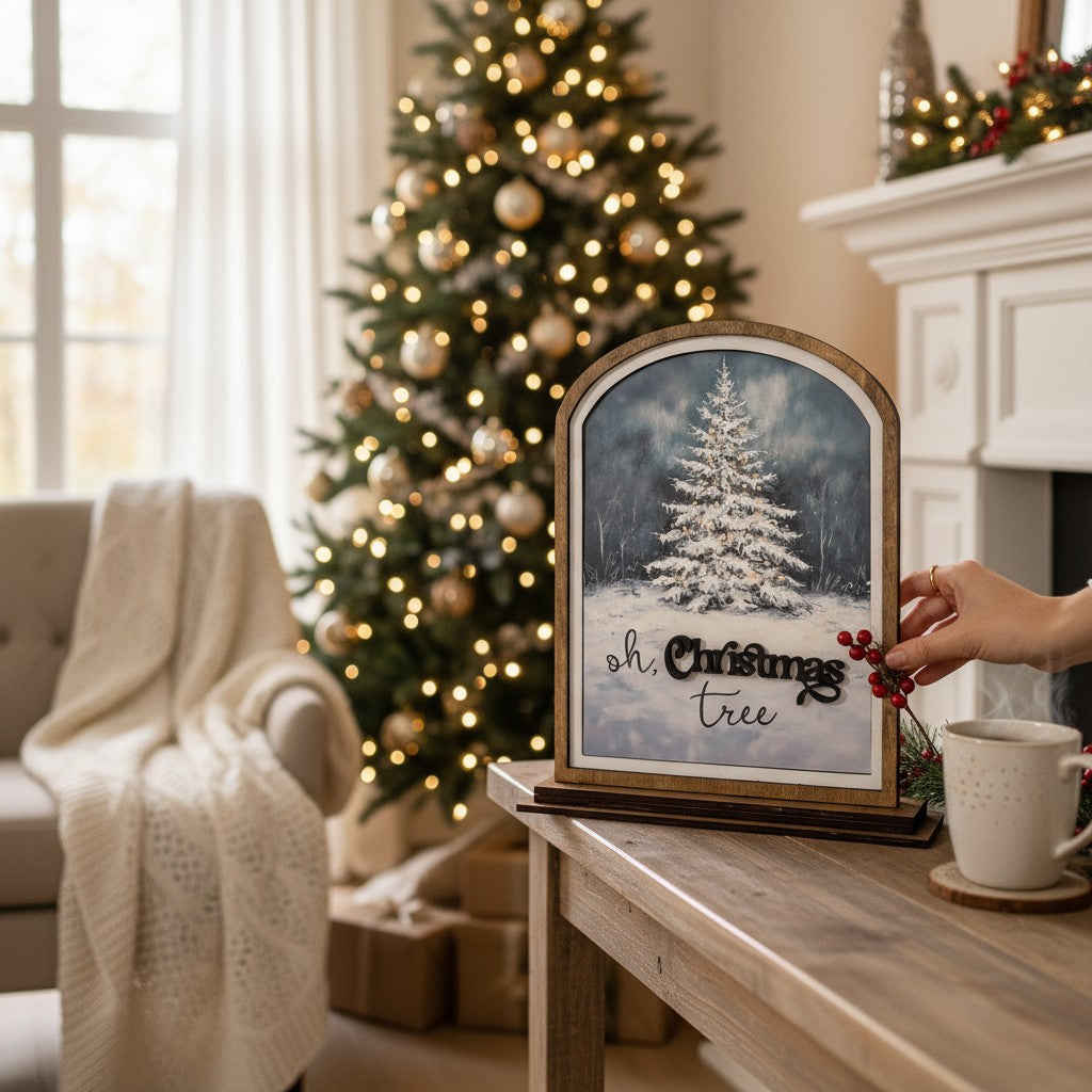 Wooden O Christmas Tree Mantle Décor – Arched or Square Frame, Shelf Sitter