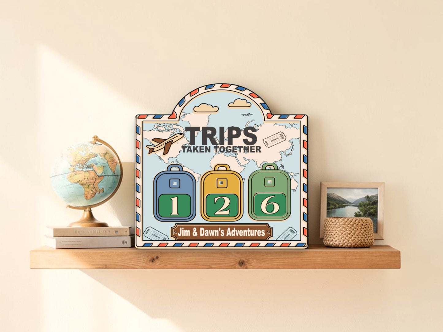 Personalized Travel Tracker Sign – Trips Taken Together Adventure Counter with Interchangeable Suitcase