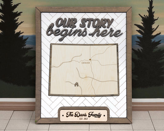 Colorado Wood Sign – Our Story Begins Here Personalized State Decor with Hometown Marker