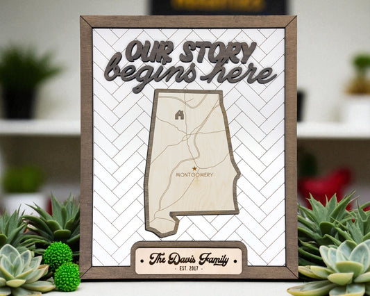 Alabama Wood Sign – Our Story Begins Here Personalized State Plaque with Hometown Marker