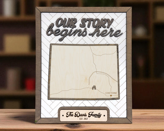 Wyoming Wood Sign – Our Story Begins Here Personalized State Plaque with Hometown Marker