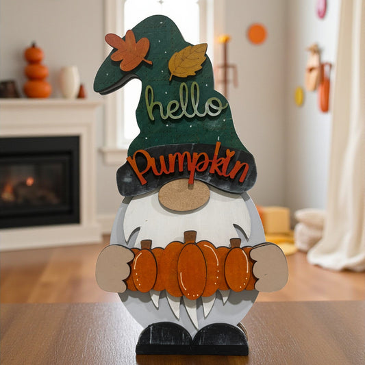 Fall Gnome Decor – Handmade Wooden 8" Gnome with Interchangeable Outfits for All Seasons & Holidays