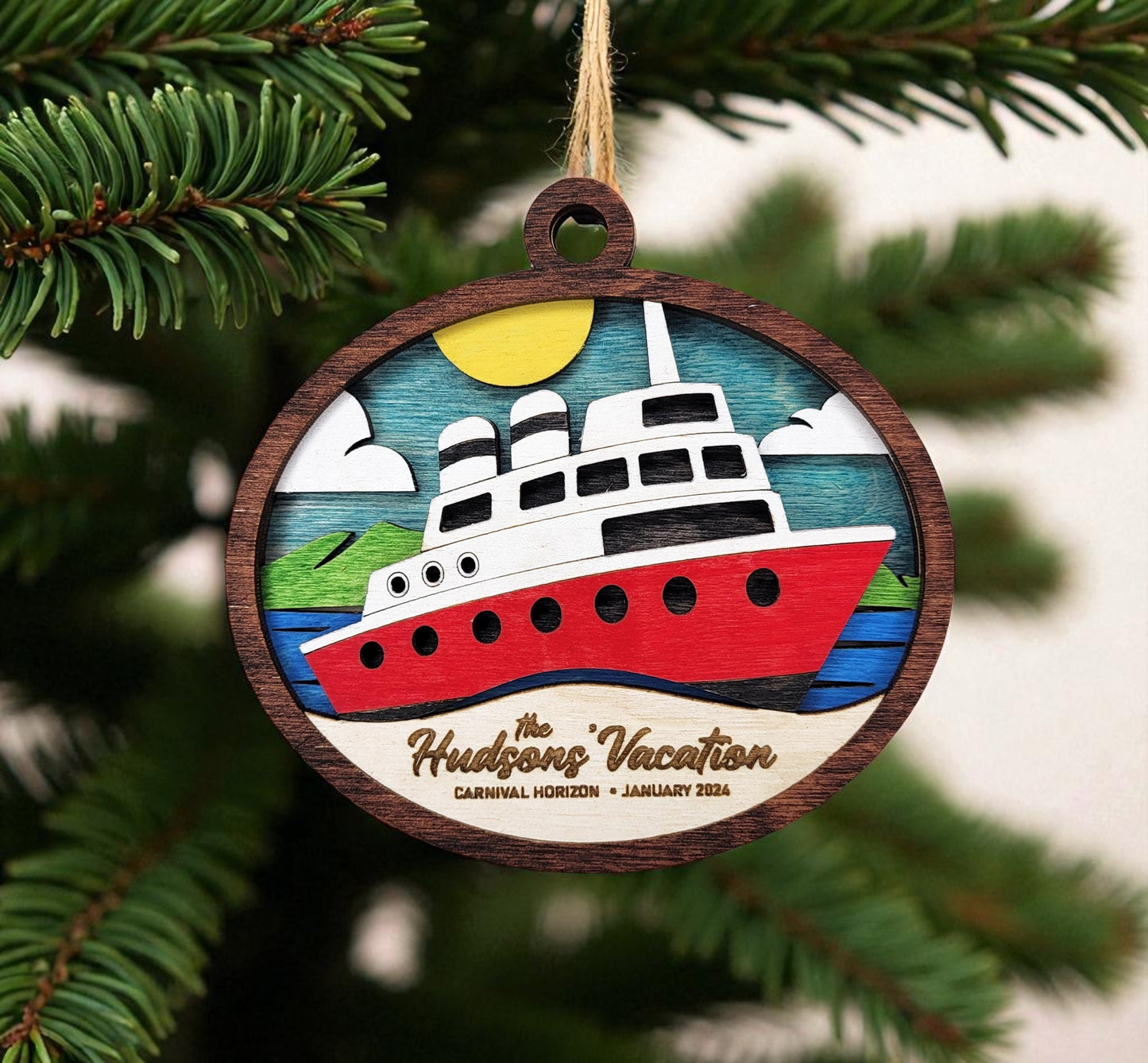 Custom Cruise Ship Christmas Ornament – Personalized 4" Wooden Keepsake with Ship Name, Cruise Dates & Family Name, Gift-Ready