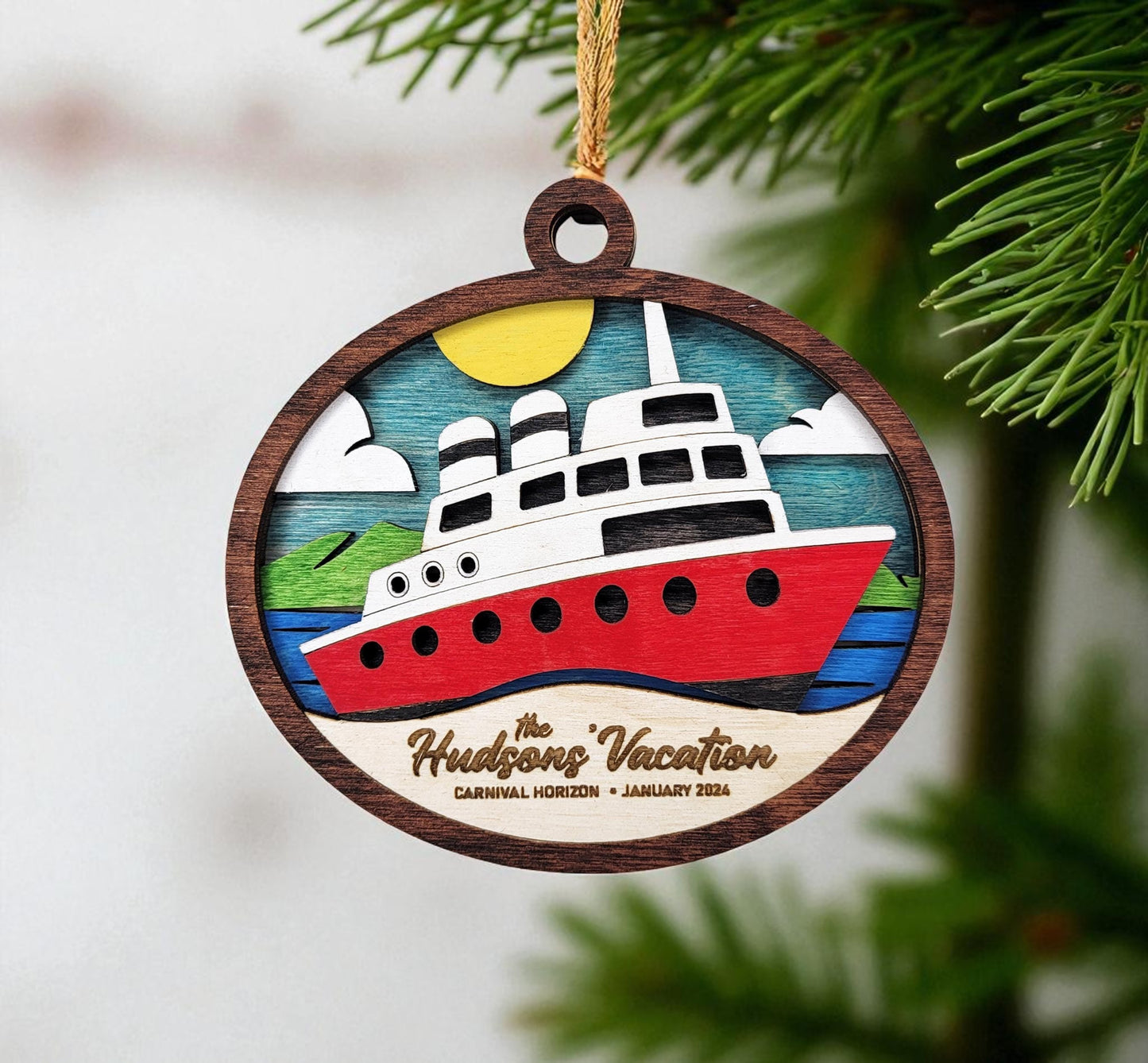 Custom Cruise Ship Christmas Ornament – Personalized 4" Wooden Keepsake with Ship Name, Cruise Dates & Family Name, Gift-Ready